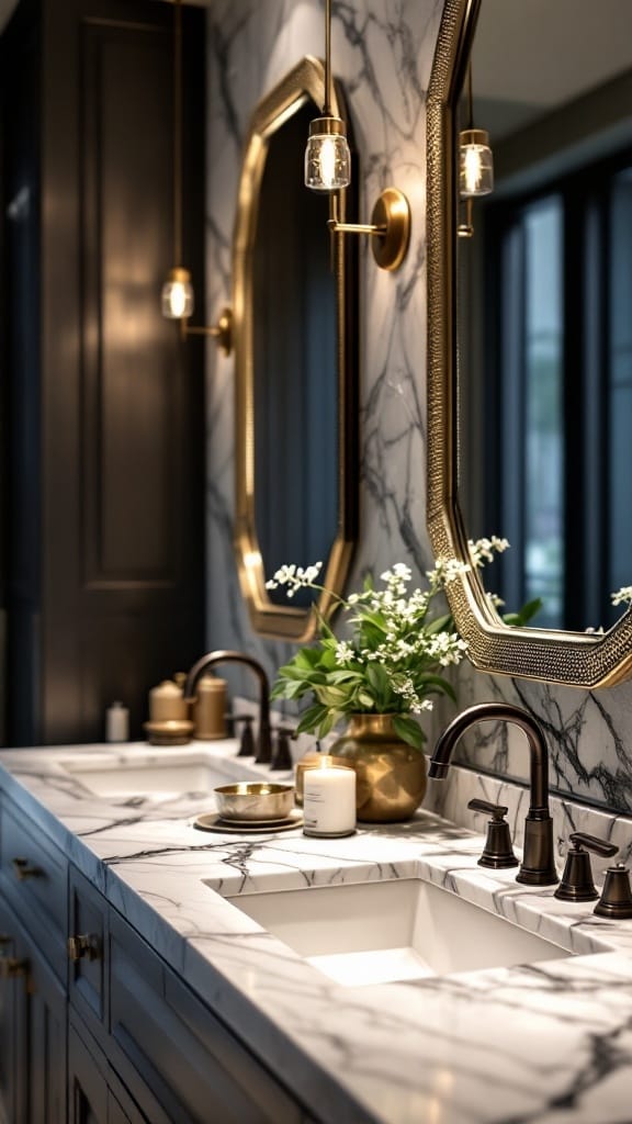 Double sink marble countertops in a modern luxury bathroom with elegant lighting and stylish decor.