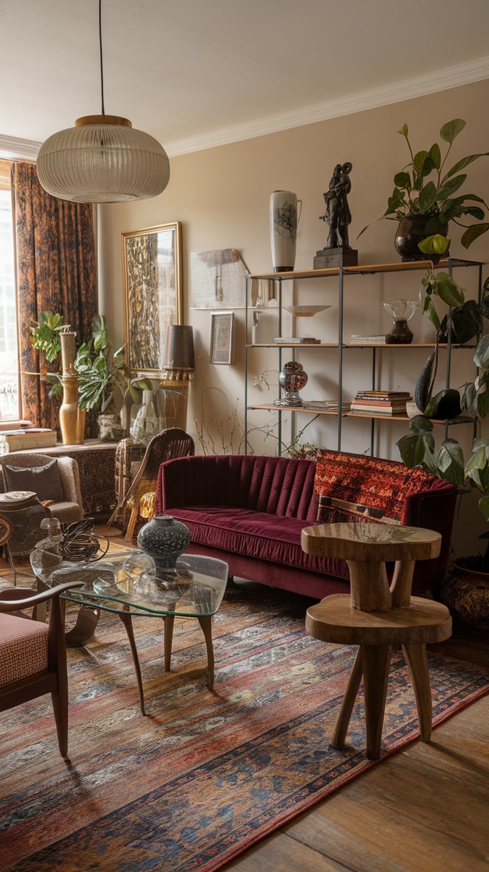 A cozy and stylish eclectic living room with a burgundy couch, wooden furniture, and a variety of decor.