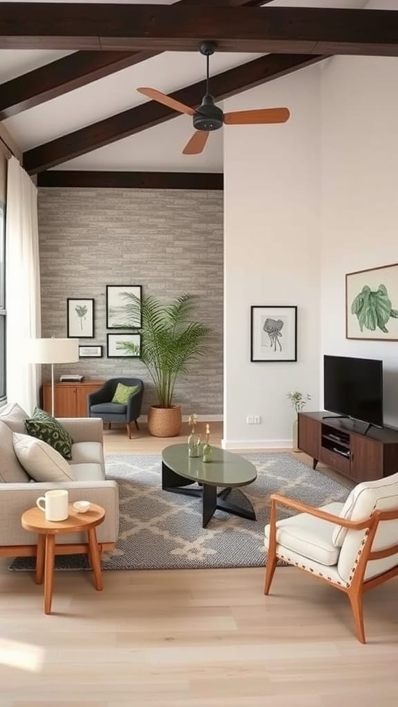 A stylish living room showcasing modern-vintage fusion with botanical prints and a mix of furniture styles.