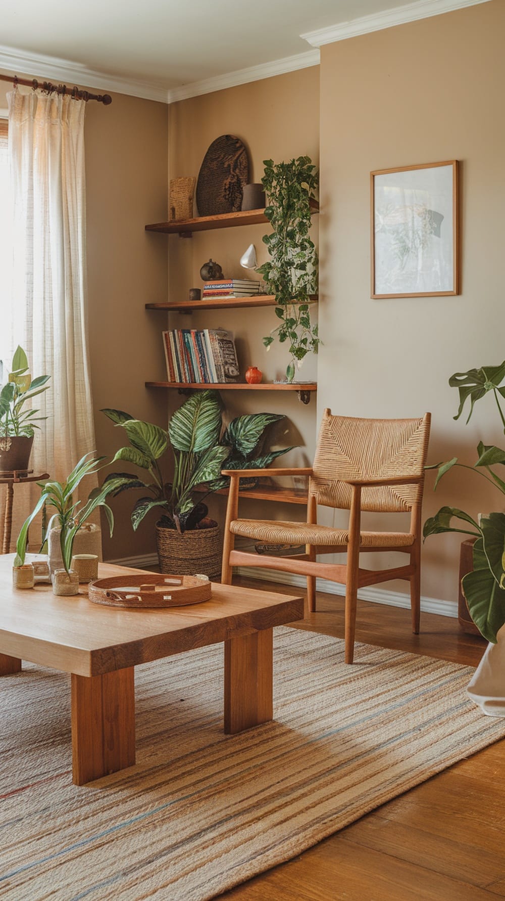A cozy living room with plants, a wooden table, and a striped area rug.