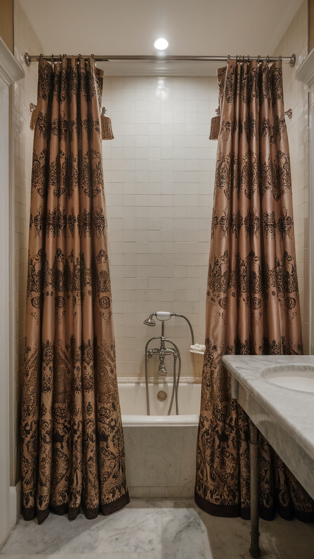 Elegant shower curtains in a bathroom with intricate designs.