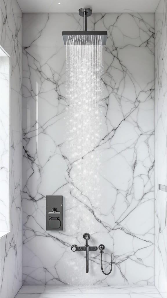 Modern luxury bathroom with a marble shower featuring a sleek showerhead