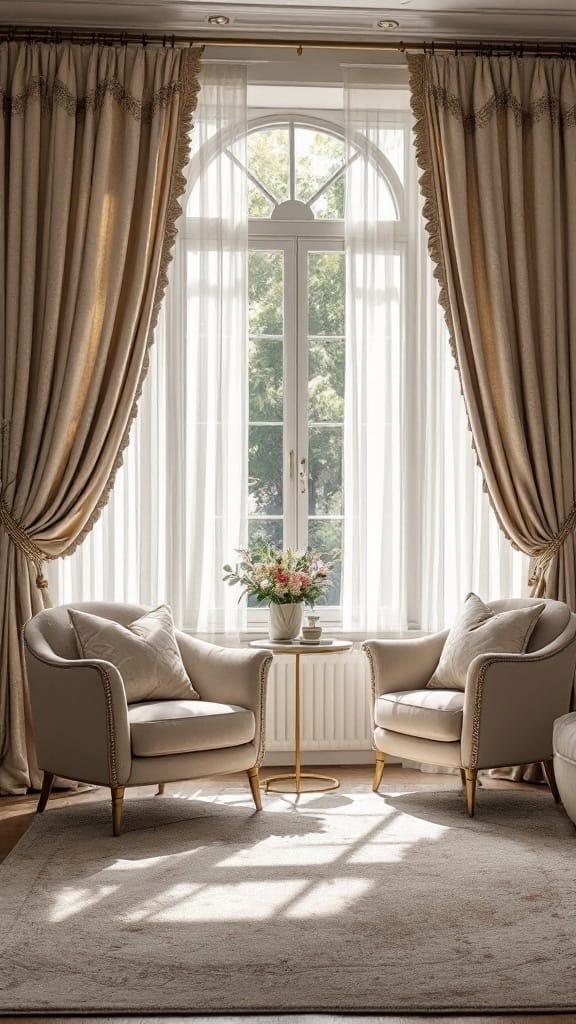 Elegant window treatments in a modern living room featuring luxurious drapes and soft chairs.