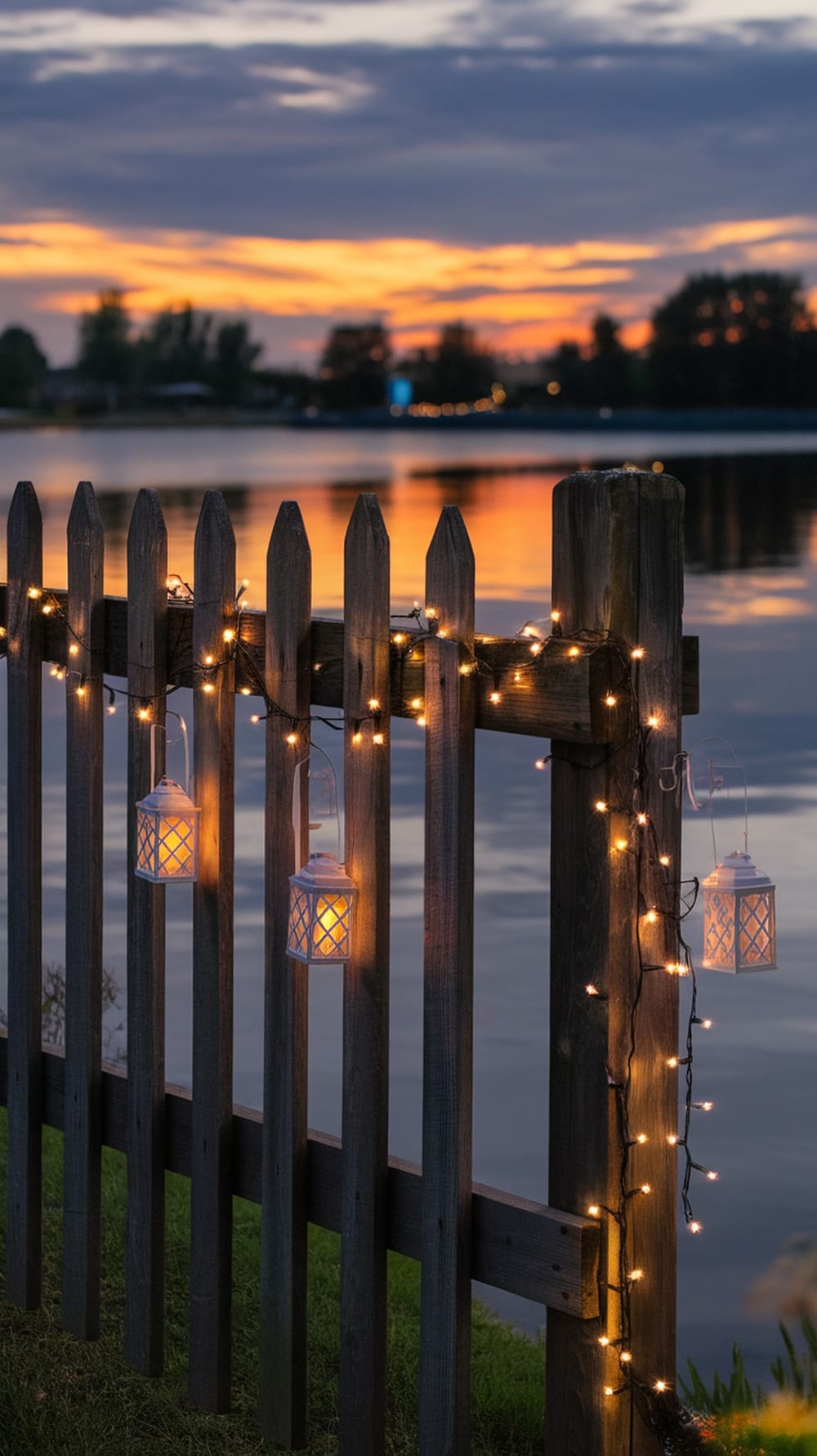 A wooden fence adorned with fairy lights and lanterns, set against a beautiful sunset.