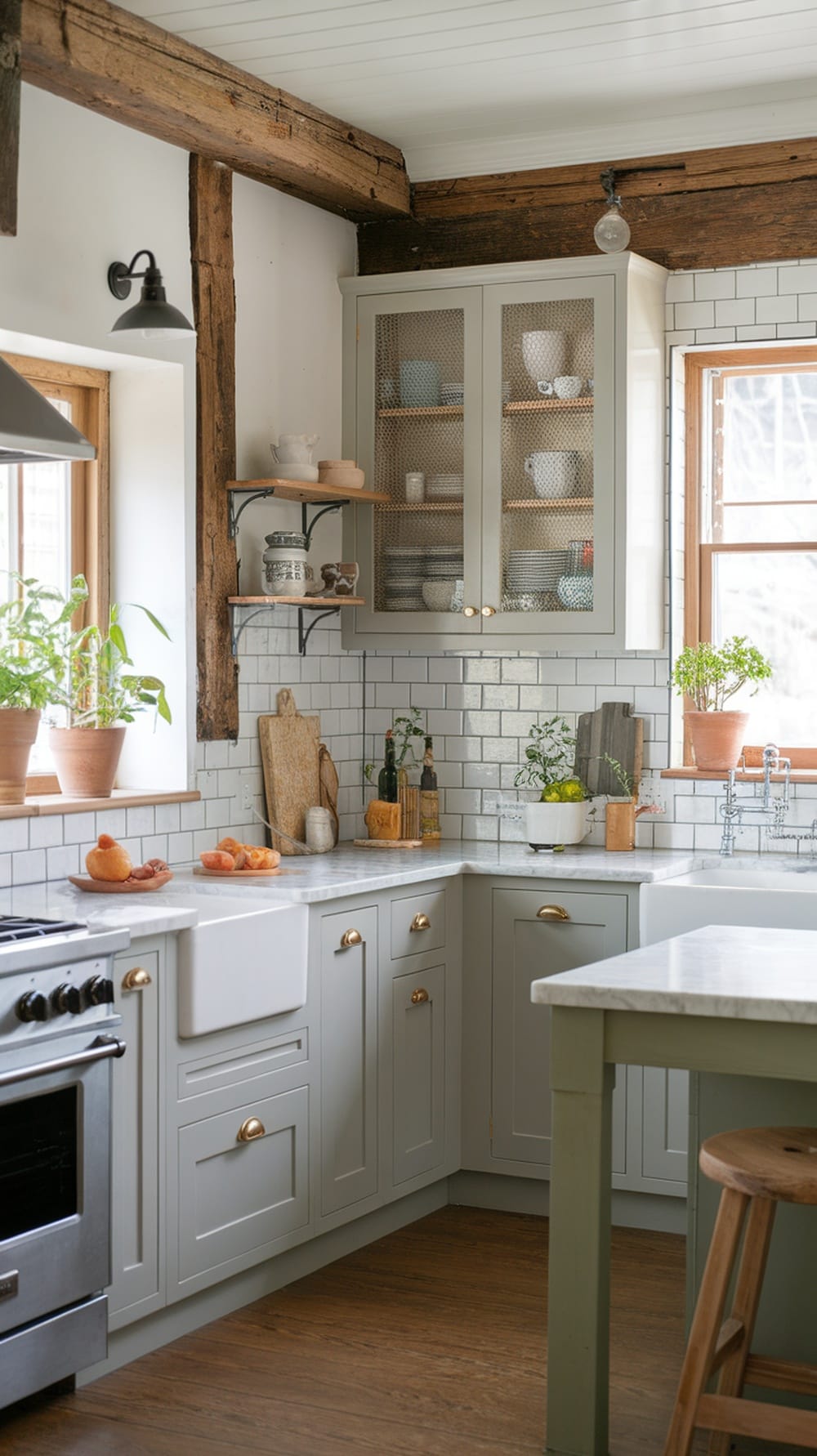 Stylish modern kitchen showcasing farmhouse-style cabinets with a twist