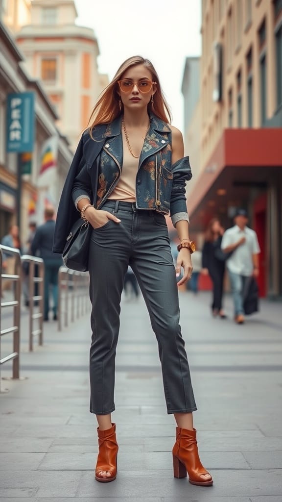 A stylish woman in a leather jacket and shorts, wearing sunglasses and a hat, walking confidently in a city.