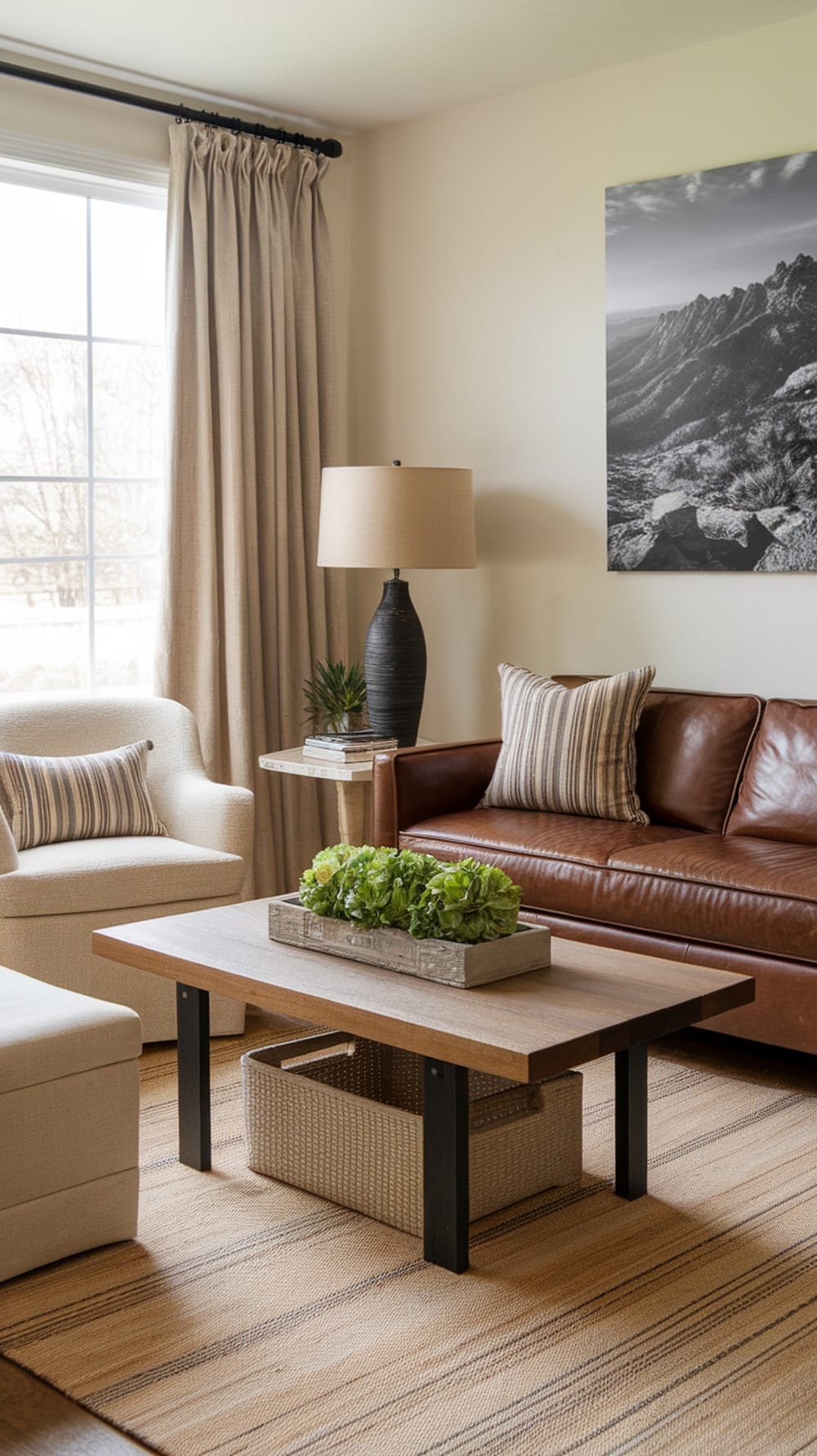 Cozy living room with a simple rug and comfortable furniture