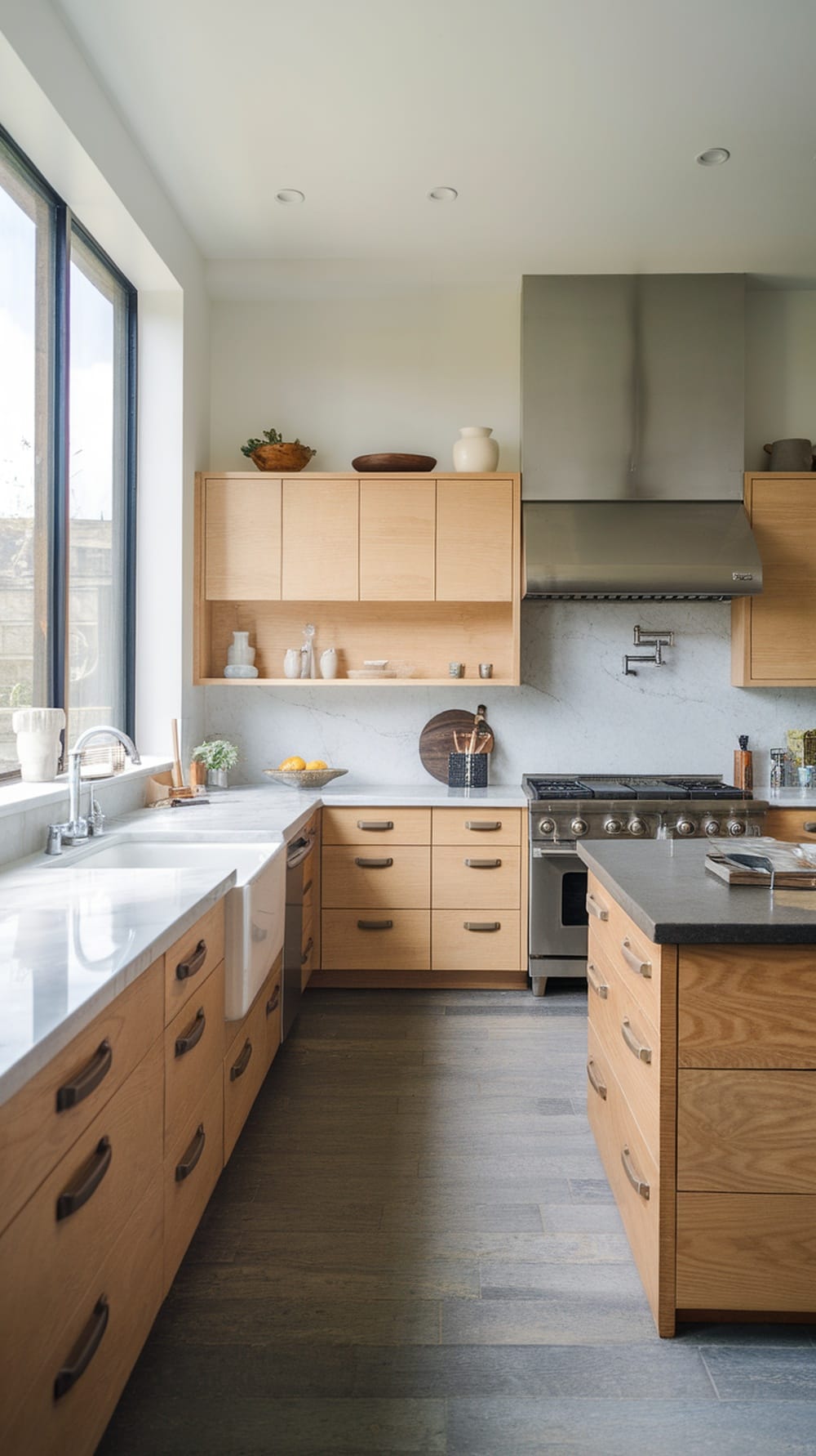 Modern kitchen featuring floating wooden cabinets and sleek countertops