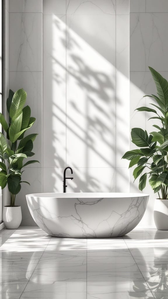A modern luxury bathroom featuring a freestanding marble bathtub surrounded by plants and elegant lighting.