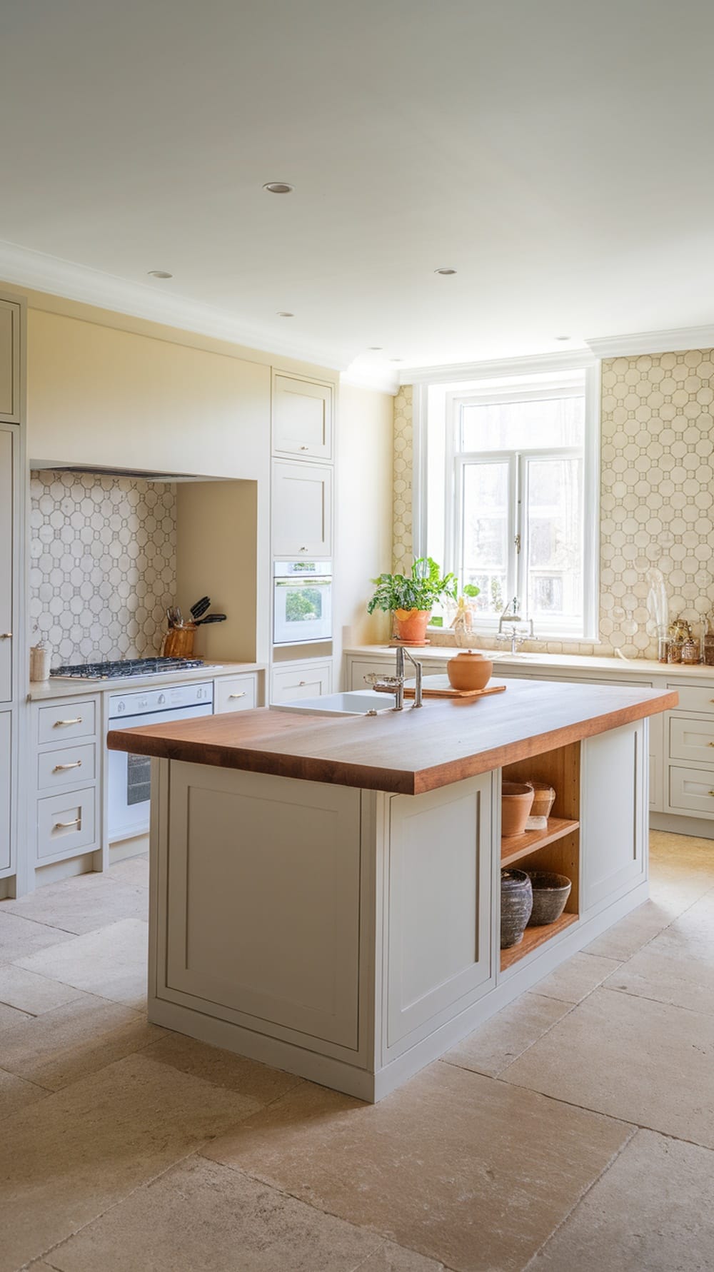A stylish modern kitchen featuring an island with built-in cabinets and a sleek design.
