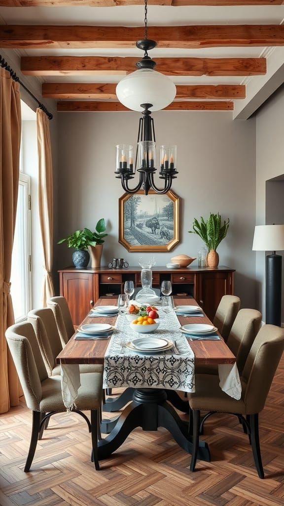 A dining room featuring a blend of vintage and contemporary furniture, with a wooden table, upholstered chairs, and a classic chandelier.