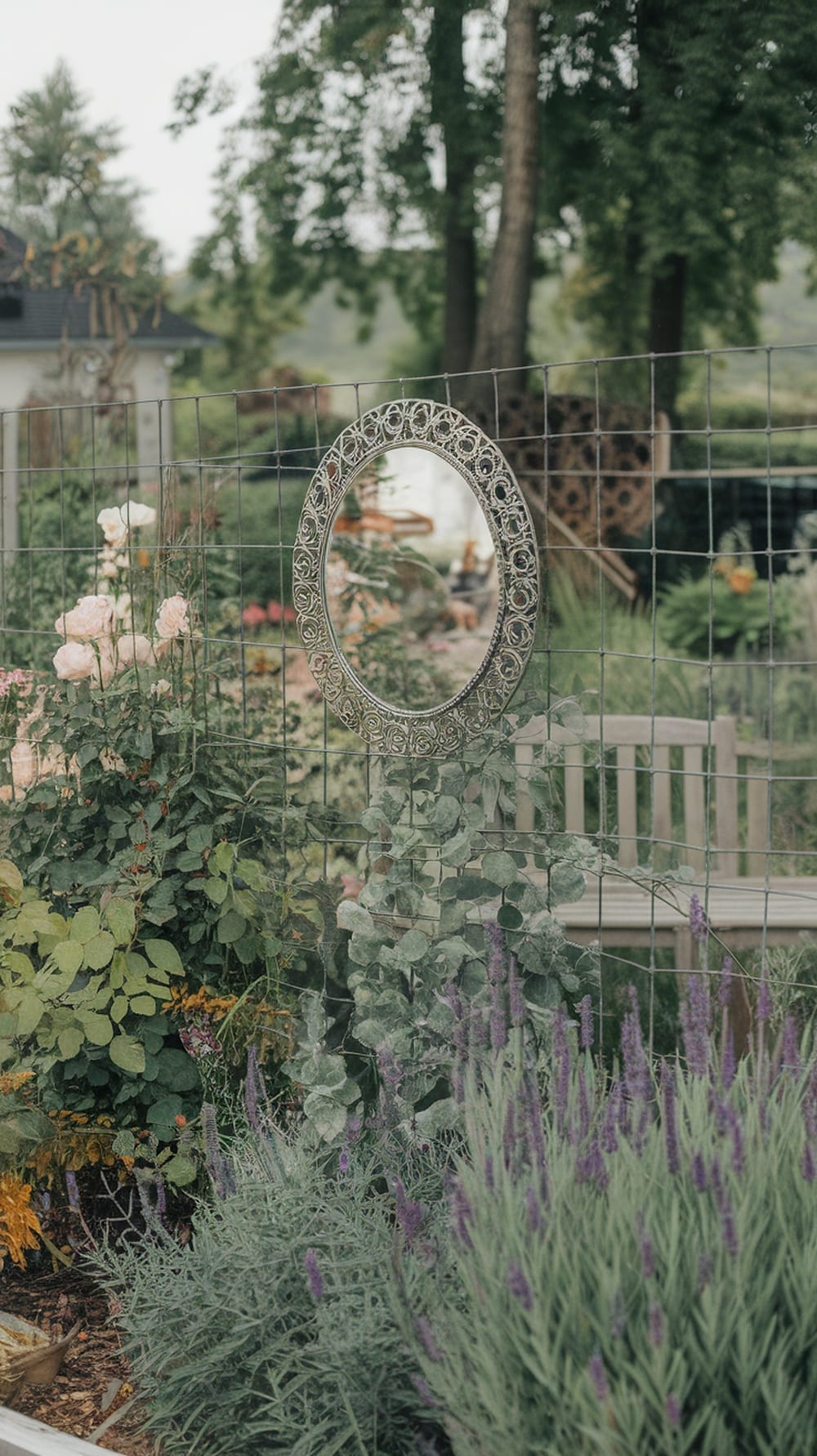 A decorative mirror on a garden fence surrounded by flowers and greenery.