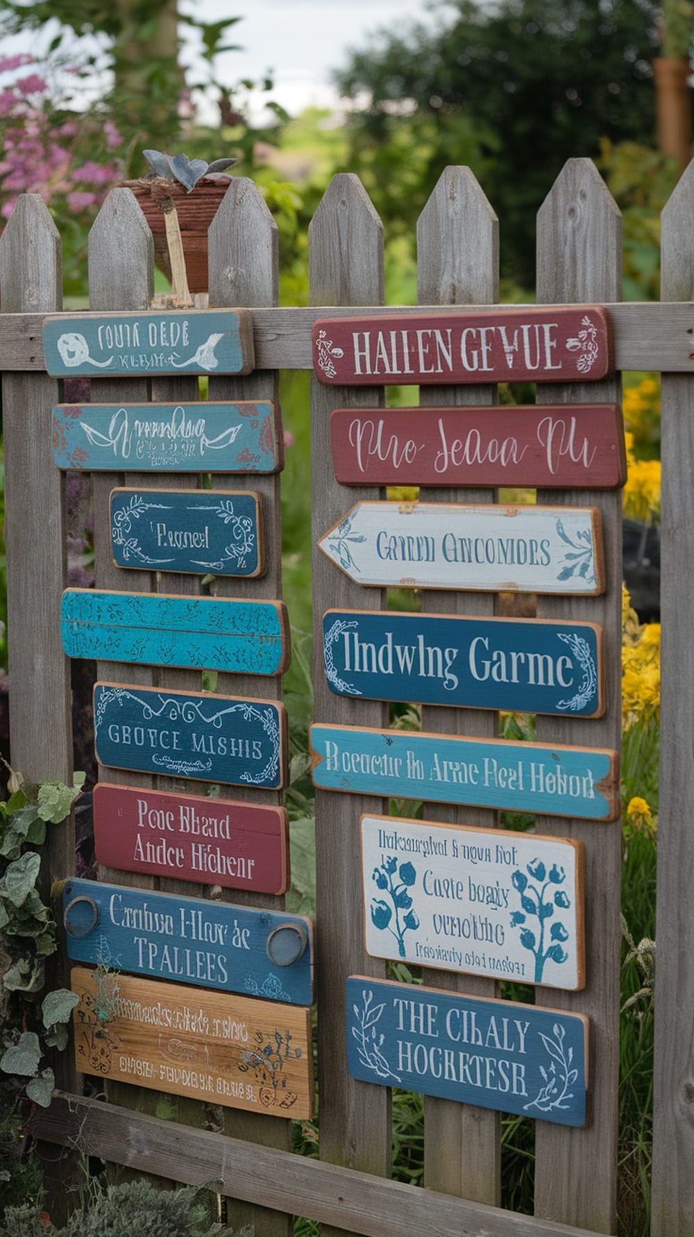 Colorful wooden garden signs on a rustic fence, showcasing various labels and designs.