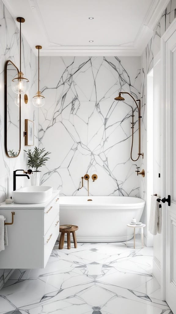 Modern luxury bathroom with geometric marble patterns, elegant fixtures, and soft lighting.