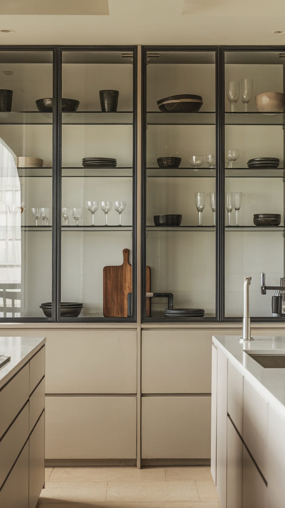 Stylish modern kitchen cabinets with glass fronts displaying various kitchenware