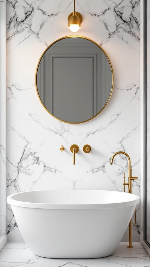 Modern luxury bathroom featuring gold fixtures and marble walls