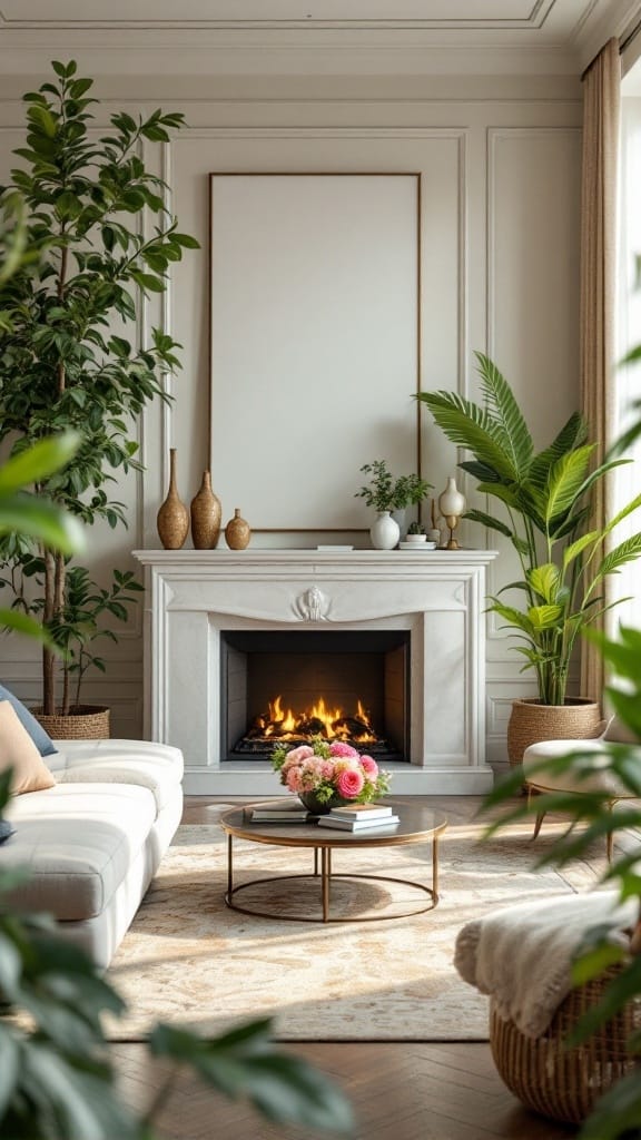 Cozy living room with plants and a floral arrangement on the coffee table.