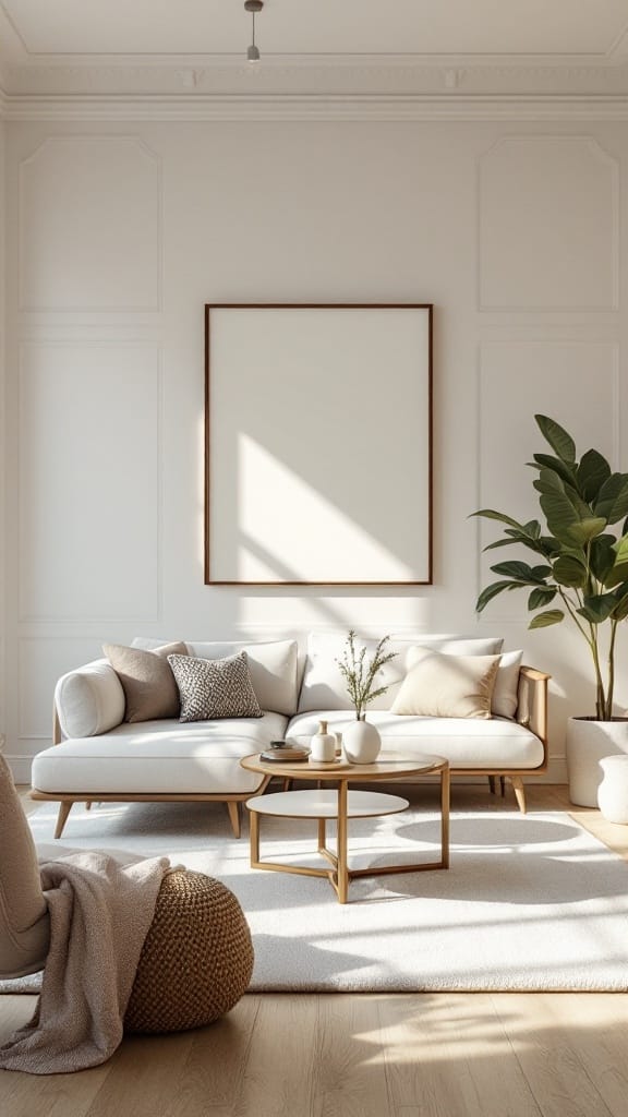 A modern, elegant living room with neutral colors, a cozy sofa, and a round coffee table, showcasing harmonious room flow.