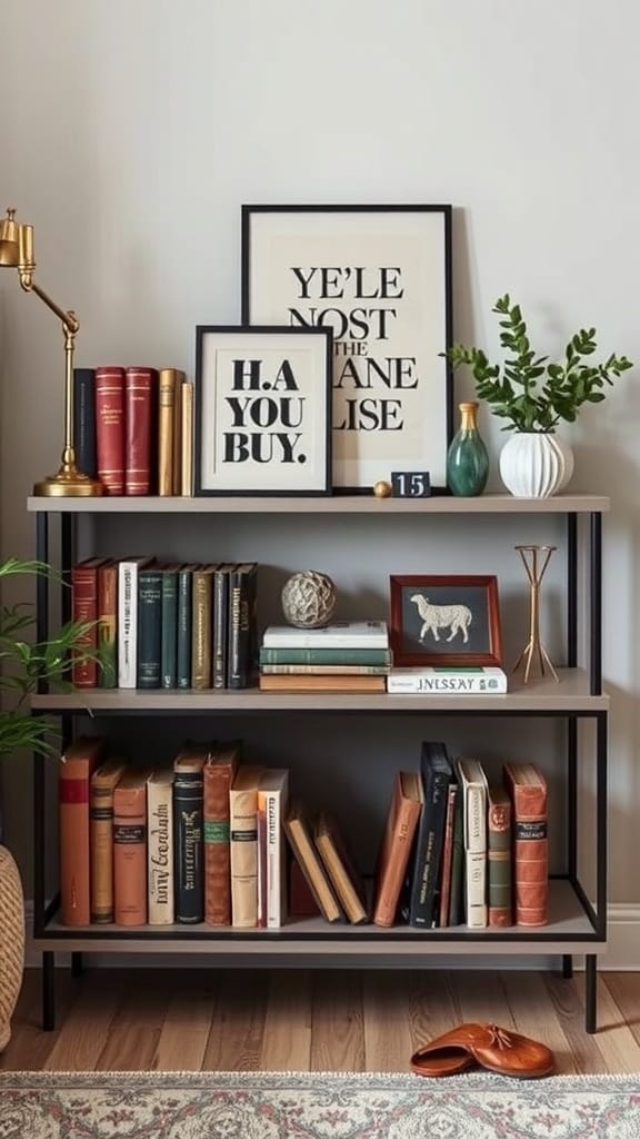 A bookshelf displaying a mix of vintage books, modern art, and decorative items.