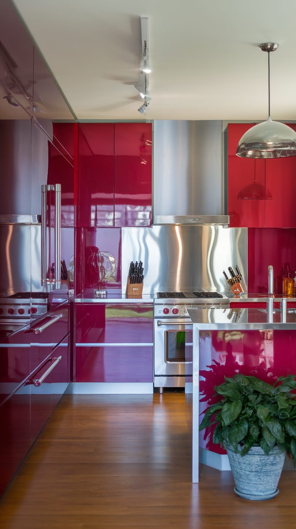 A modern kitchen with high-gloss red cabinets and stainless steel appliances.