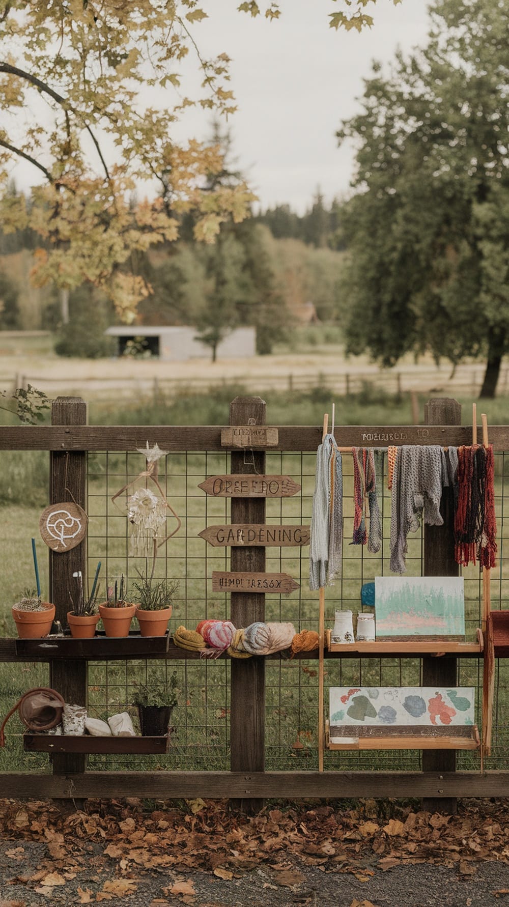 A decorative garden fence displaying pots, yarn, and art supplies, surrounded by trees.