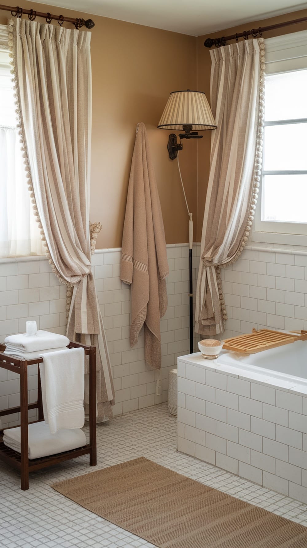 Cozy bathroom with neutral tones, featuring curtains, towels, and a lamp.