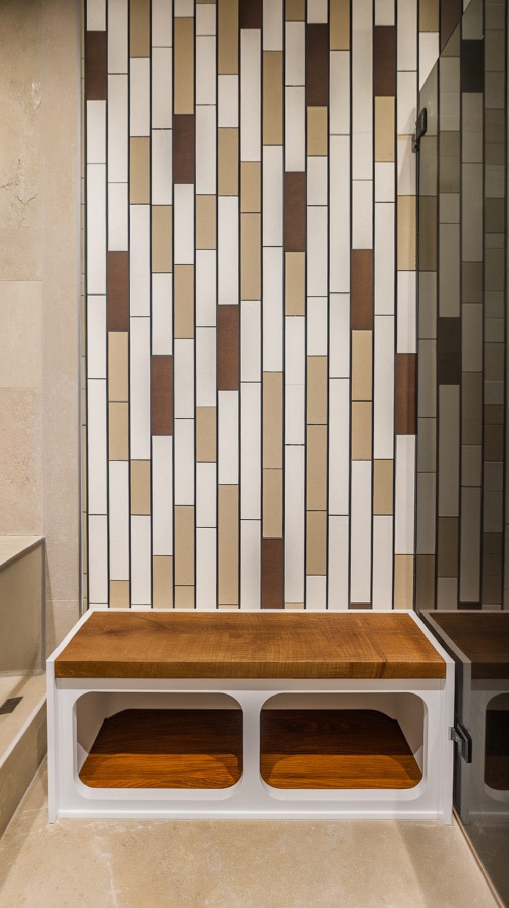 A small bench with wooden top and storage under a tiled wall in an ensuite bathroom.