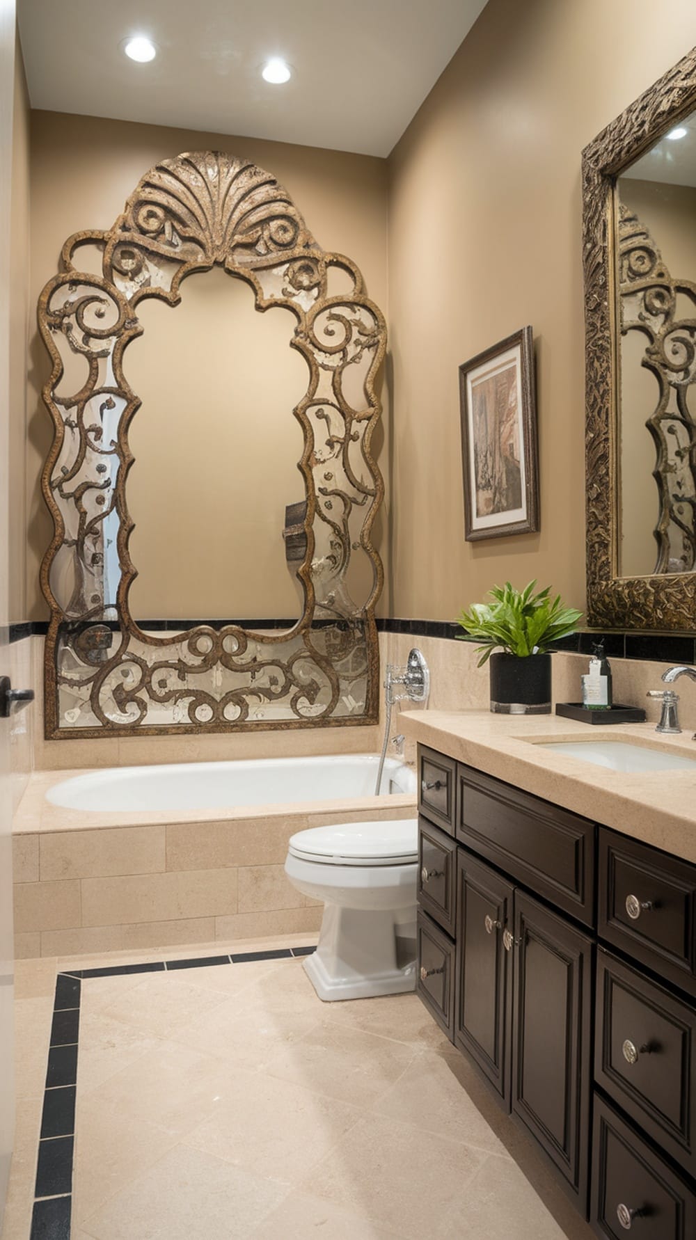 A small ensuite bathroom with a large decorative mirror, warm wall color, and a plant on the counter.