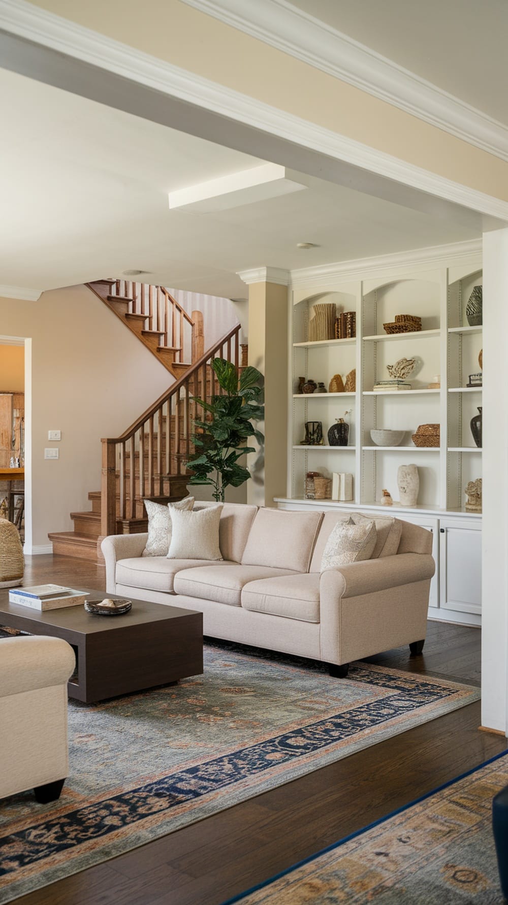 An open concept living room with a sofa and an area rug, featuring a staircase and decorative shelves.