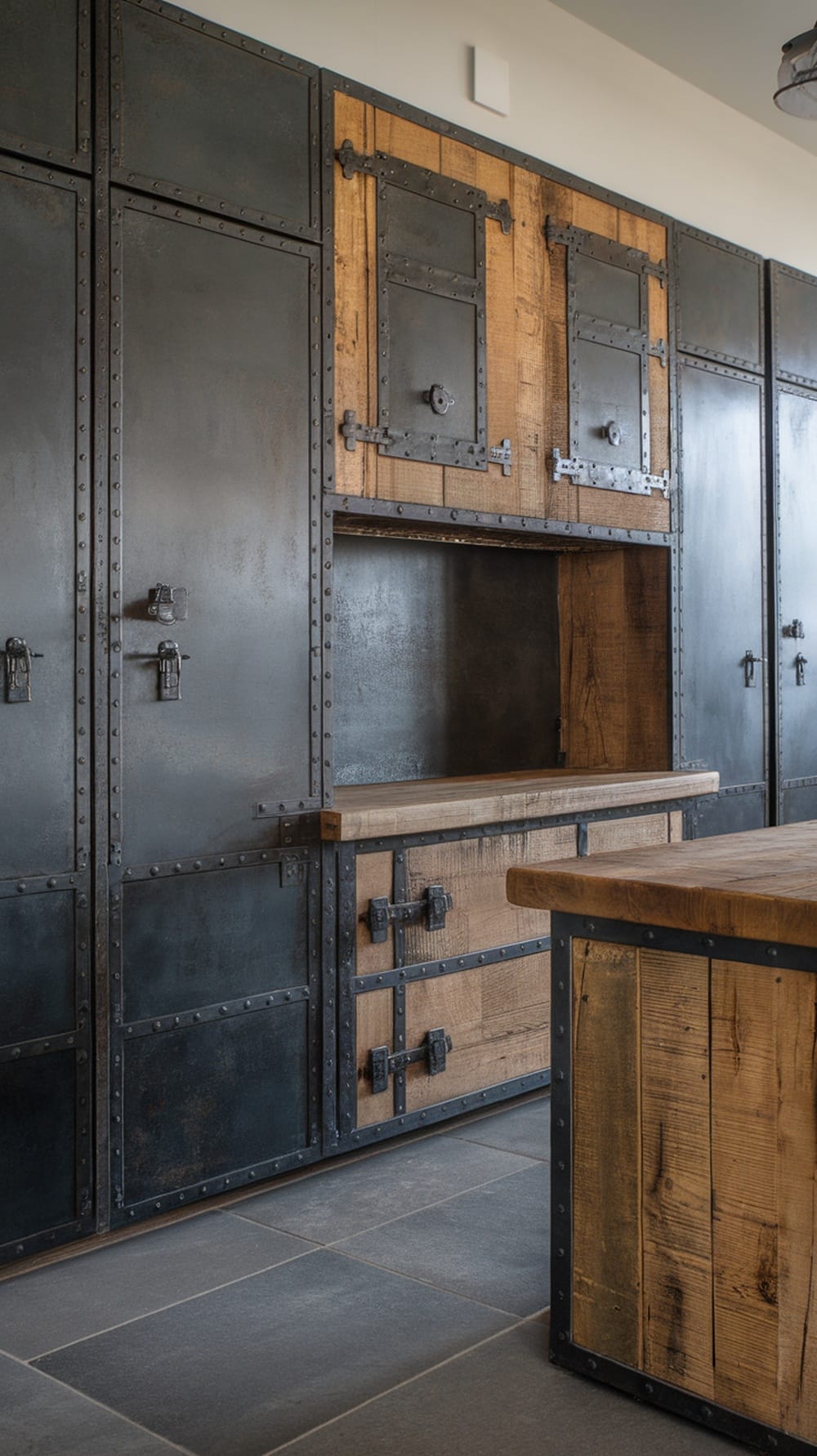 Industrial style kitchen cabinets featuring dark metal and rustic wood accents.