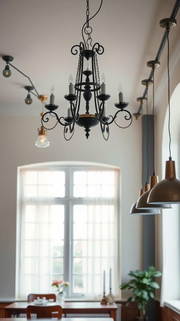 A mix of vintage and modern lighting fixtures, featuring a black chandelier and sleek pendant lights in a stylish room.