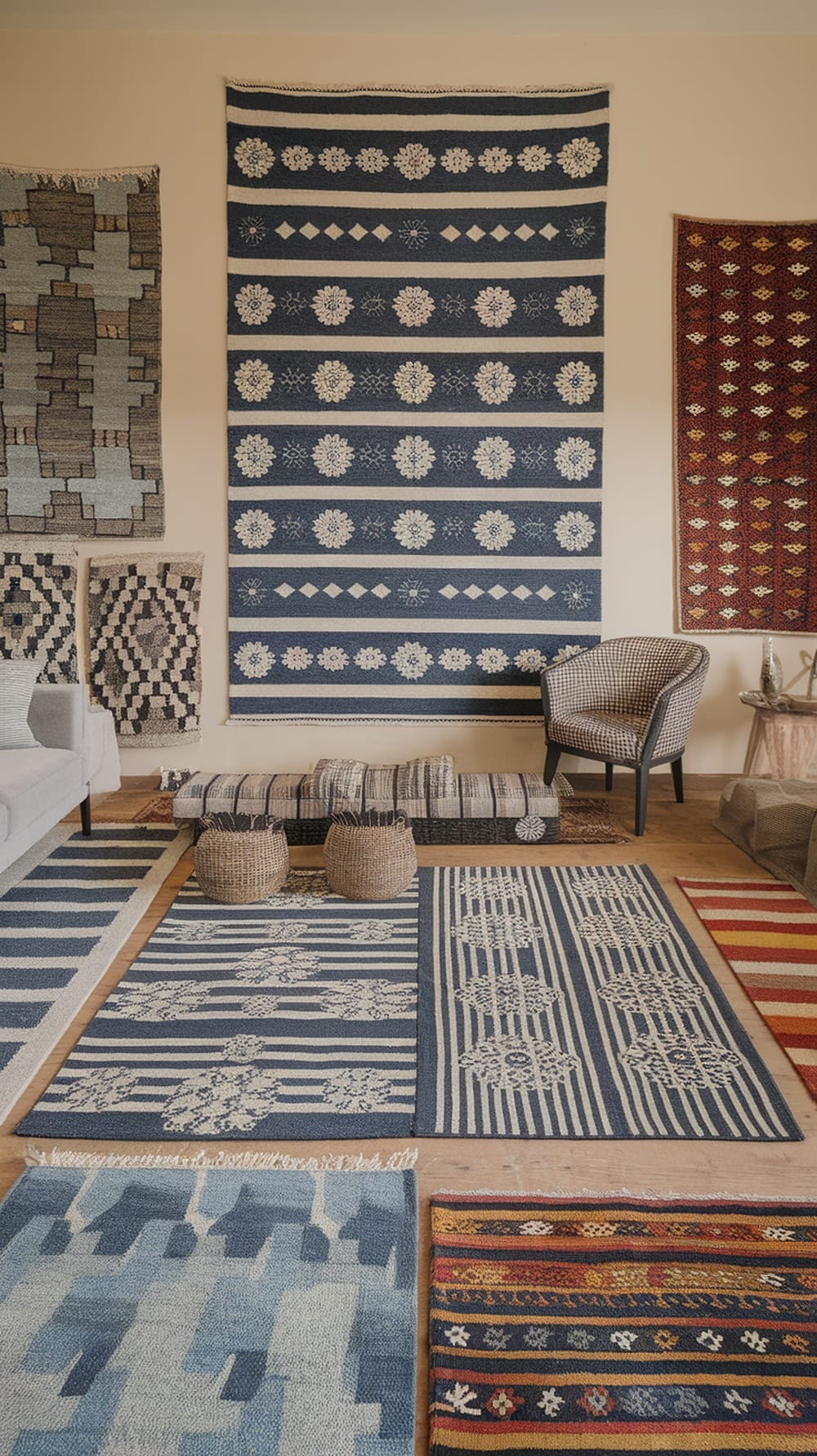 A collection of area rugs featuring various patterns and colors arranged in a bright living room setting.
