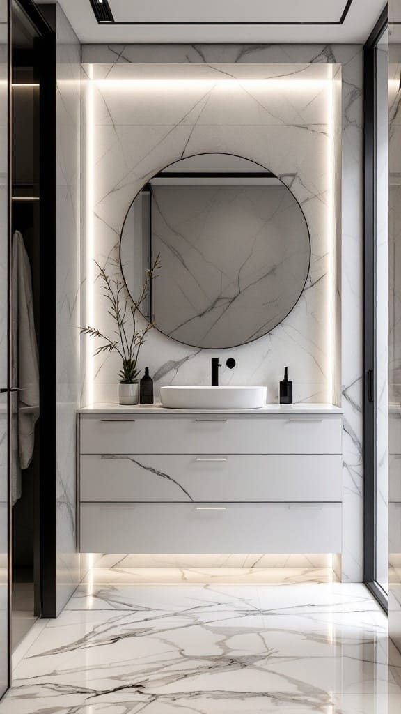 Modern luxury bathroom with marble storage solutions, featuring elegant lighting and sleek design.