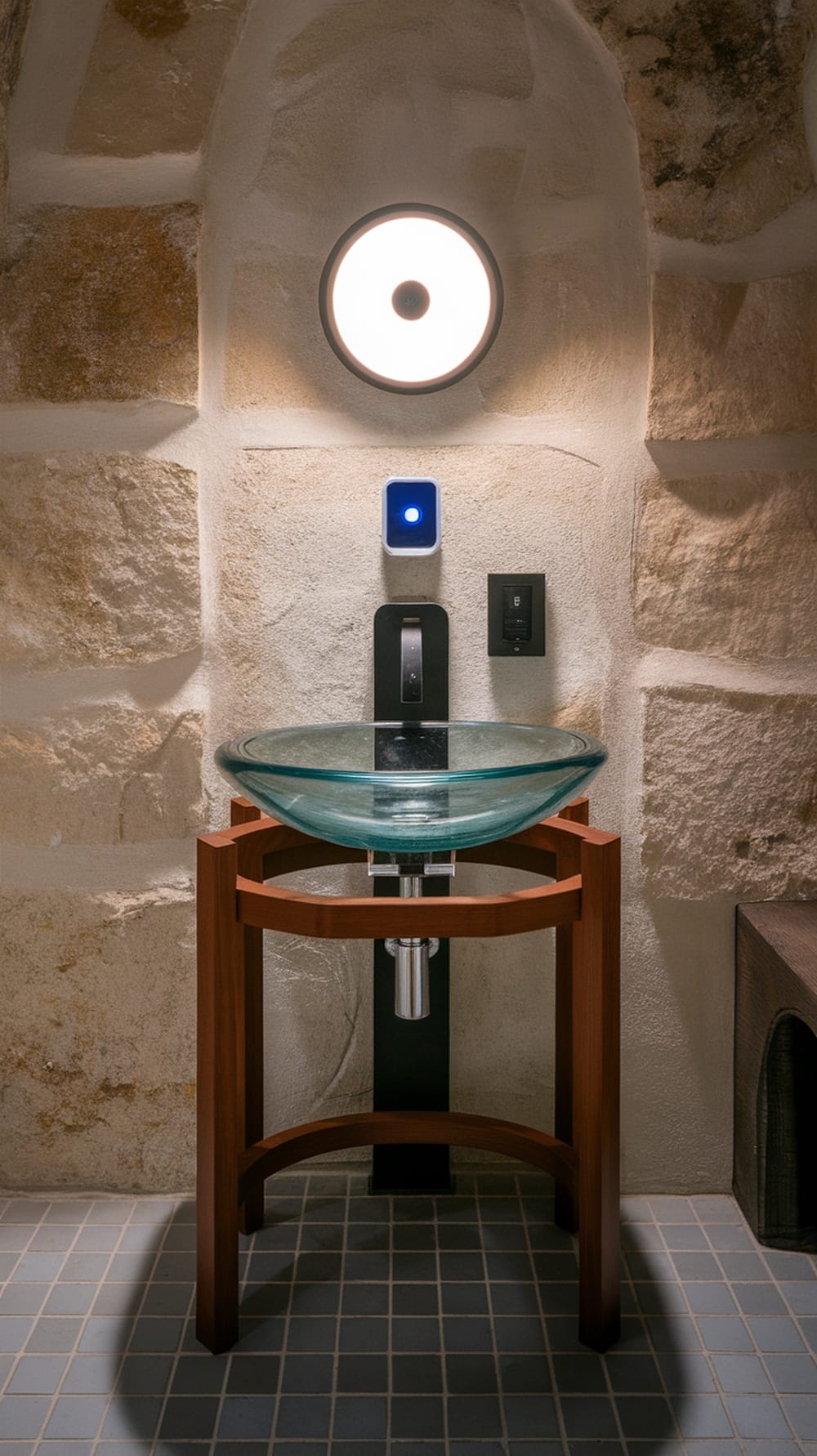A modern bathroom sink with integrated technology features