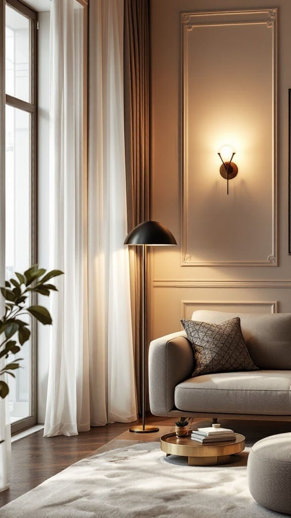 A modern living room with layered lighting, featuring a floor lamp, wall sconces, and large windows allowing natural light.