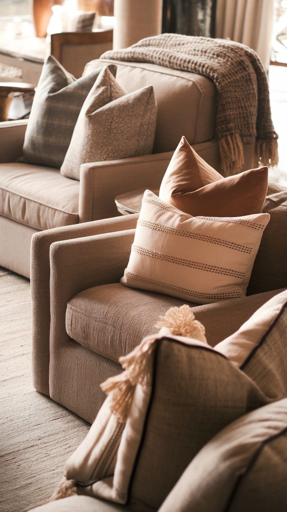 A cozy living room with layered textiles featuring various cushions and a throw.