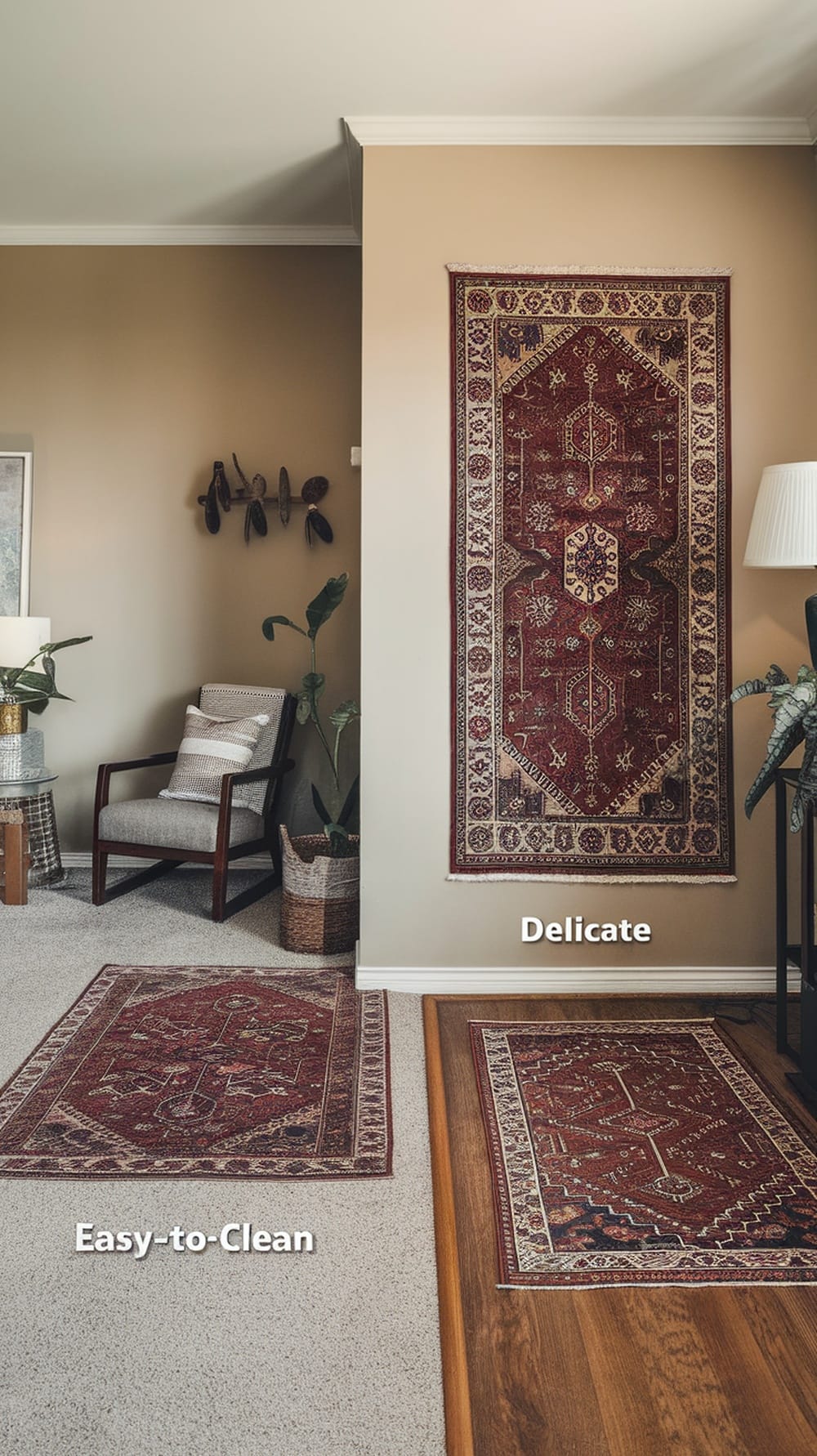 Comparison of easy-to-clean and delicate area rugs in a living room setting.