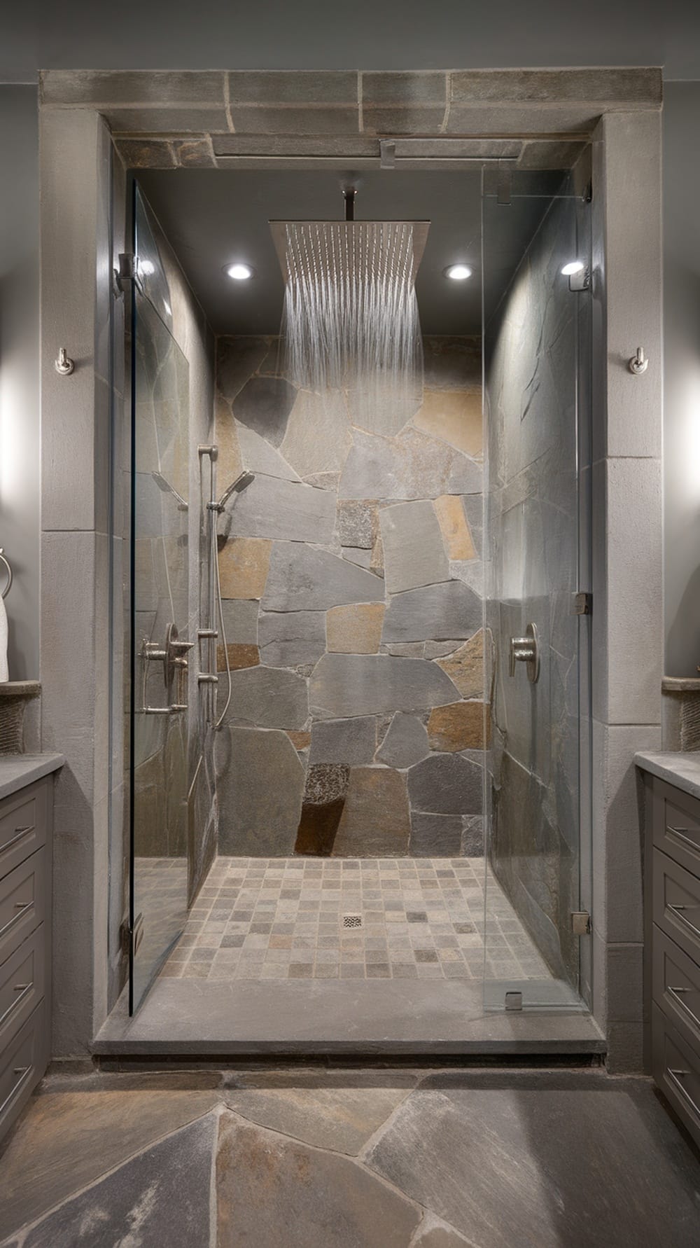 Luxurious spa-like shower with stone walls and glass enclosure