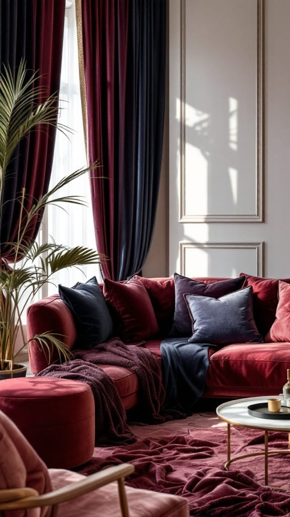Luxurious living room with burgundy velvet sofa, navy pillows, and elegant drapes.