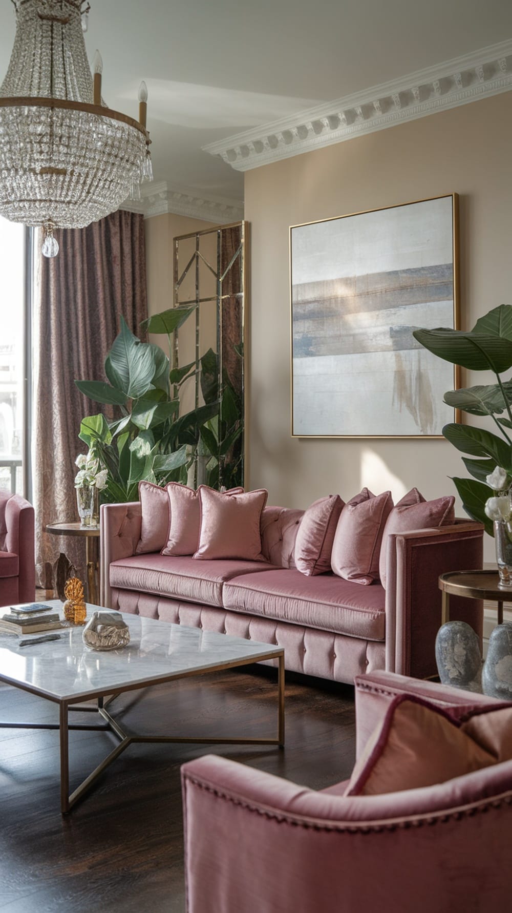 A stylish living room with a pink velvet sofa, marble coffee table, and a chandelier, featuring plants and soft lighting.