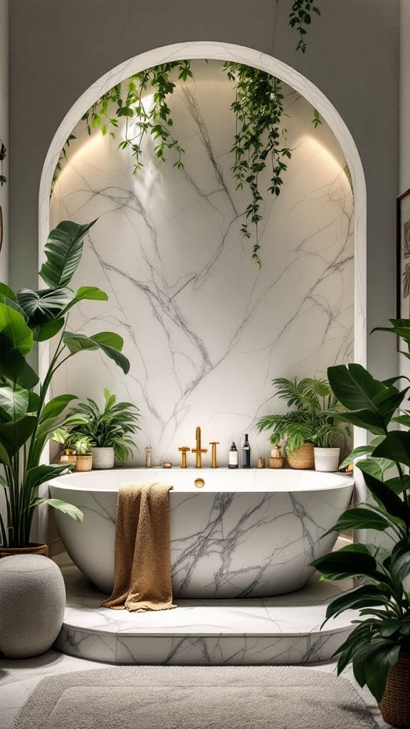 Modern luxury bathroom with a marble bathtub and plants