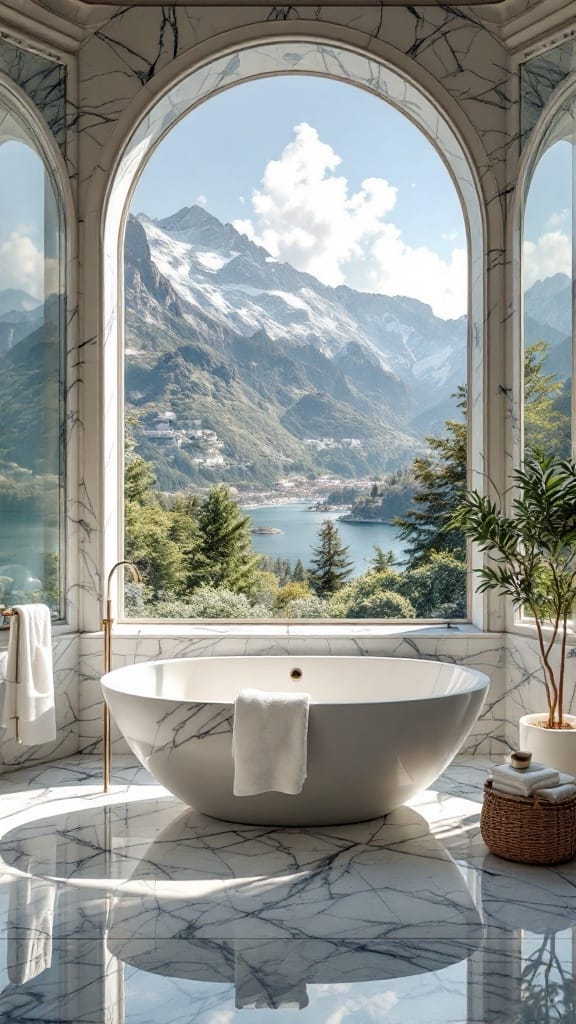 Modern luxury bathroom with marble encased windows overlooking mountains