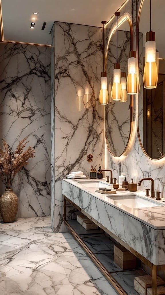 Modern luxury bathroom featuring marble with elegant lighting fixtures.