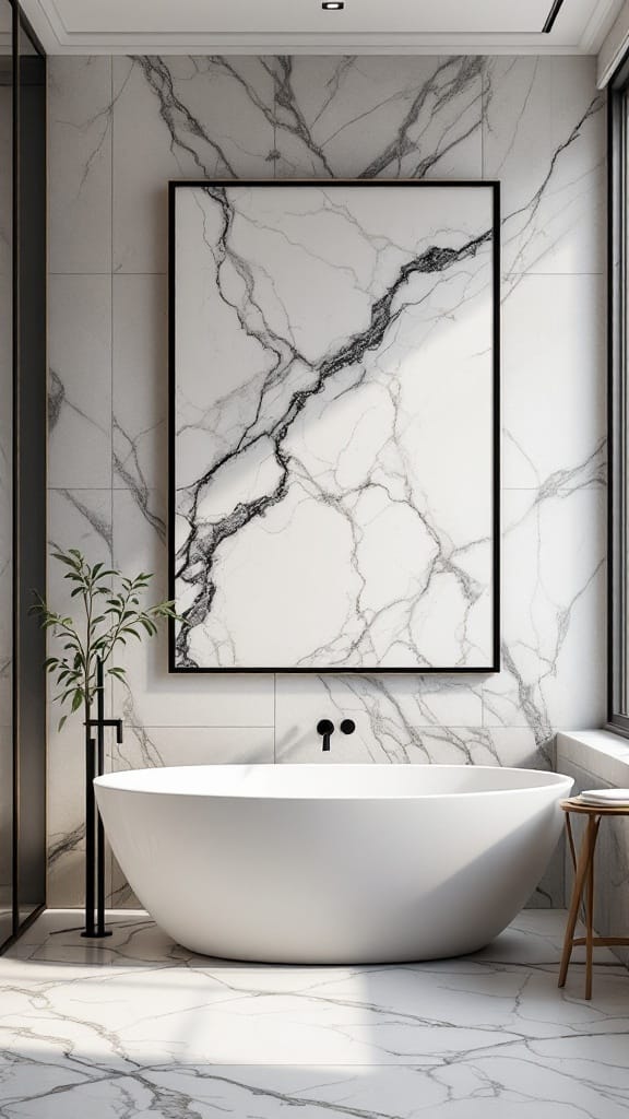 Modern luxury bathroom featuring marble artwork, a stylish bathtub, and elegant lighting.