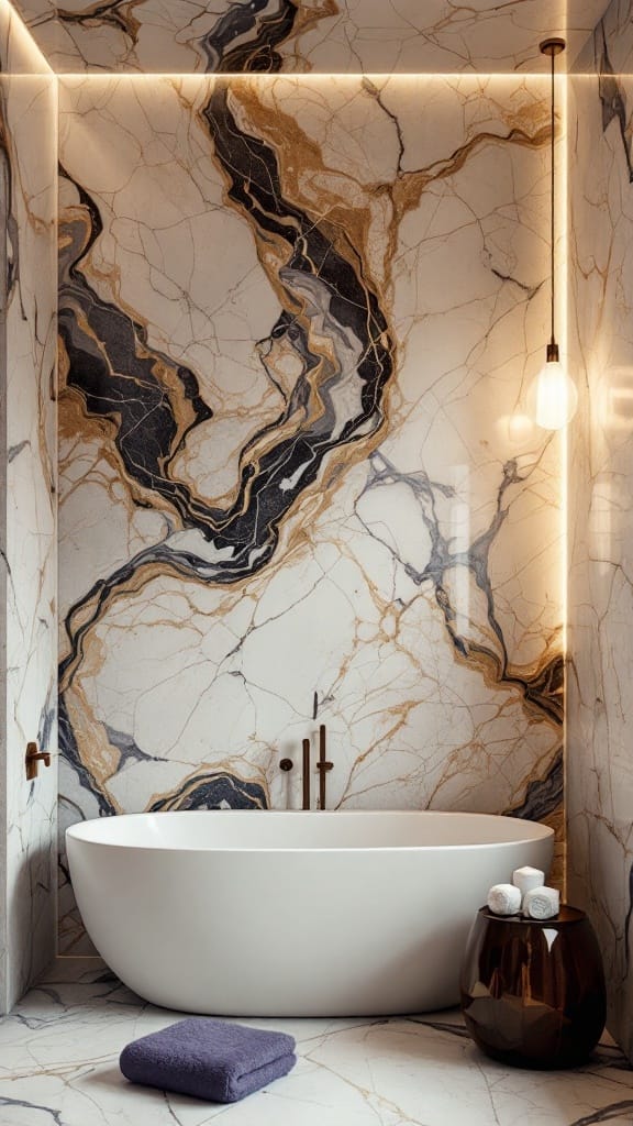 Modern luxury bathroom featuring marble accent walls with gold and black patterns.