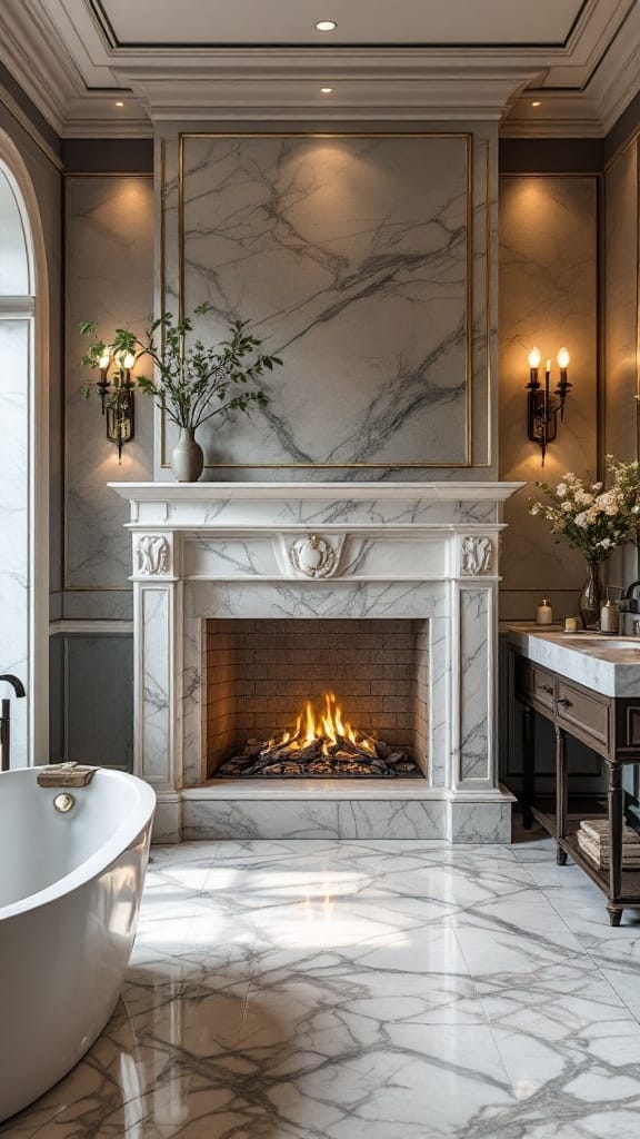 A modern luxury bathroom featuring a marble surround for a fireplace, elegant lighting, and a bathtub.