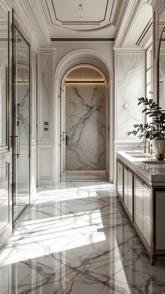 Modern luxury bathroom with marble tile flooring and elegant design elements.