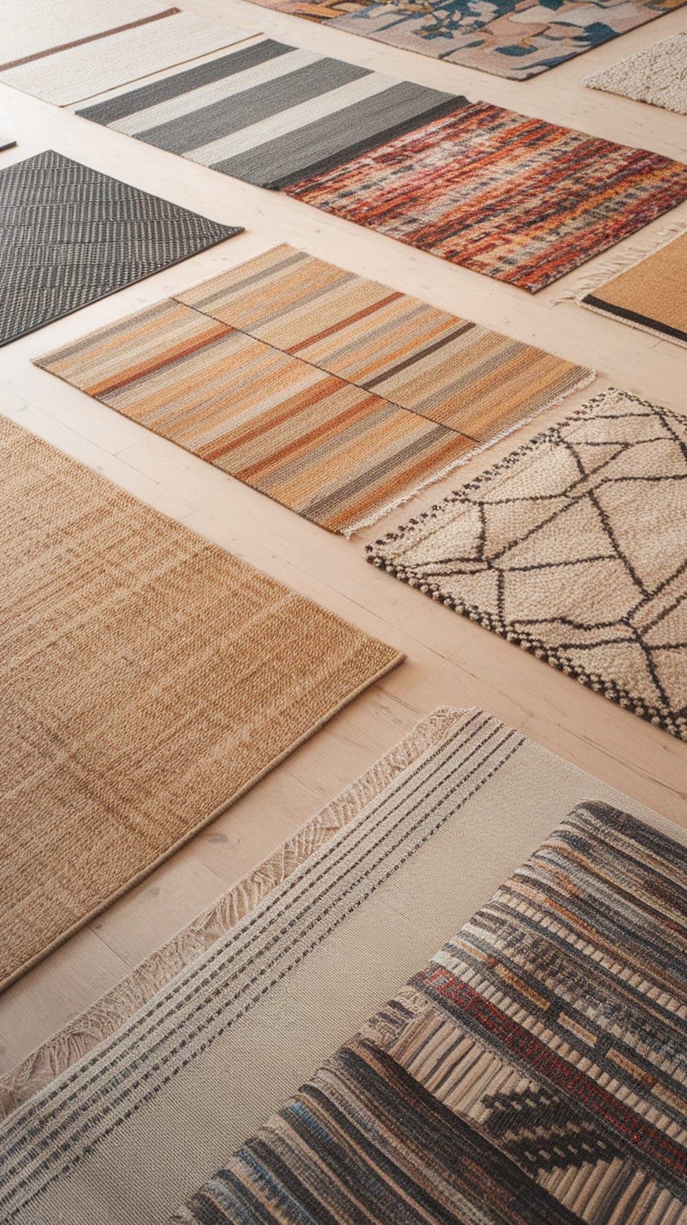 A variety of area rugs displayed on a wooden floor, showcasing different colors and textures.