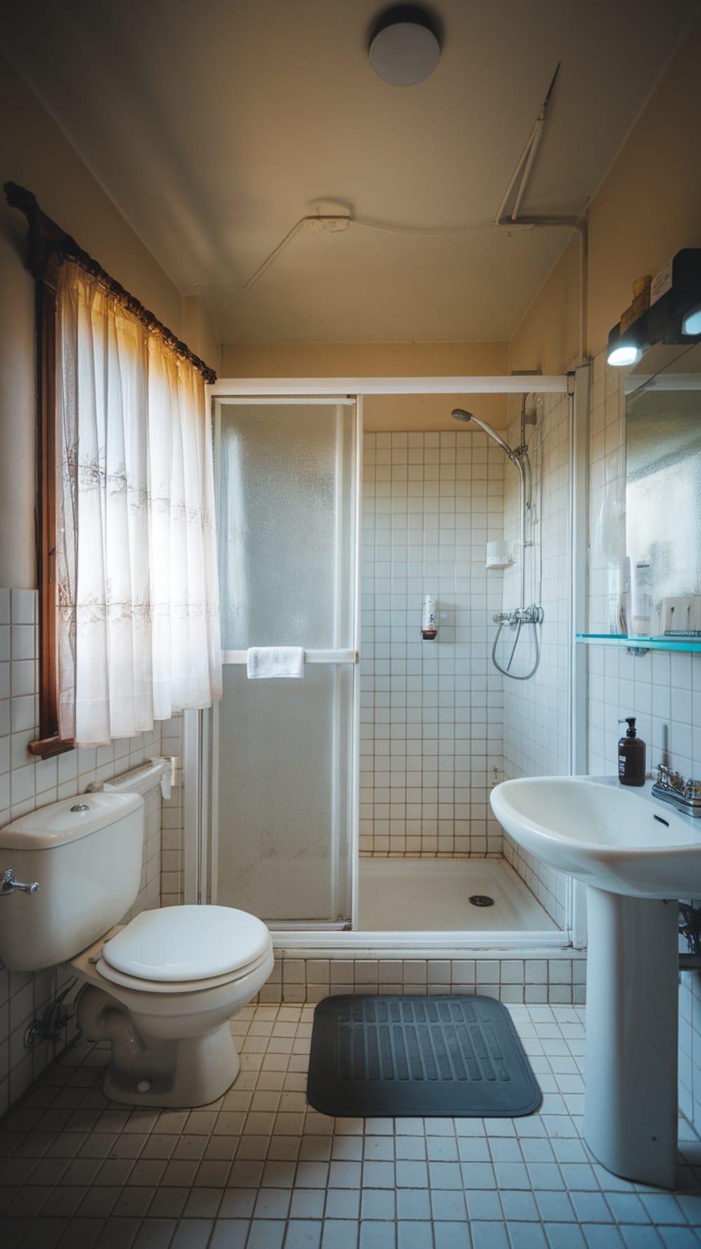 A small ensuite bathroom with sheer curtains allowing natural light to fill the space.