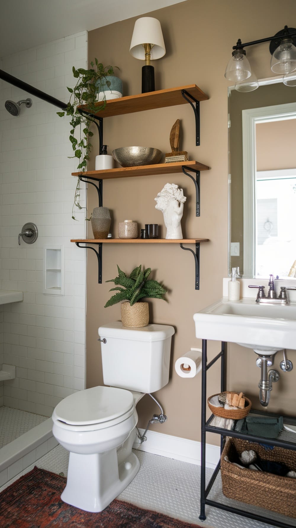Stylish wooden shelves in a small ensuite bathroom with decorative items and plants.